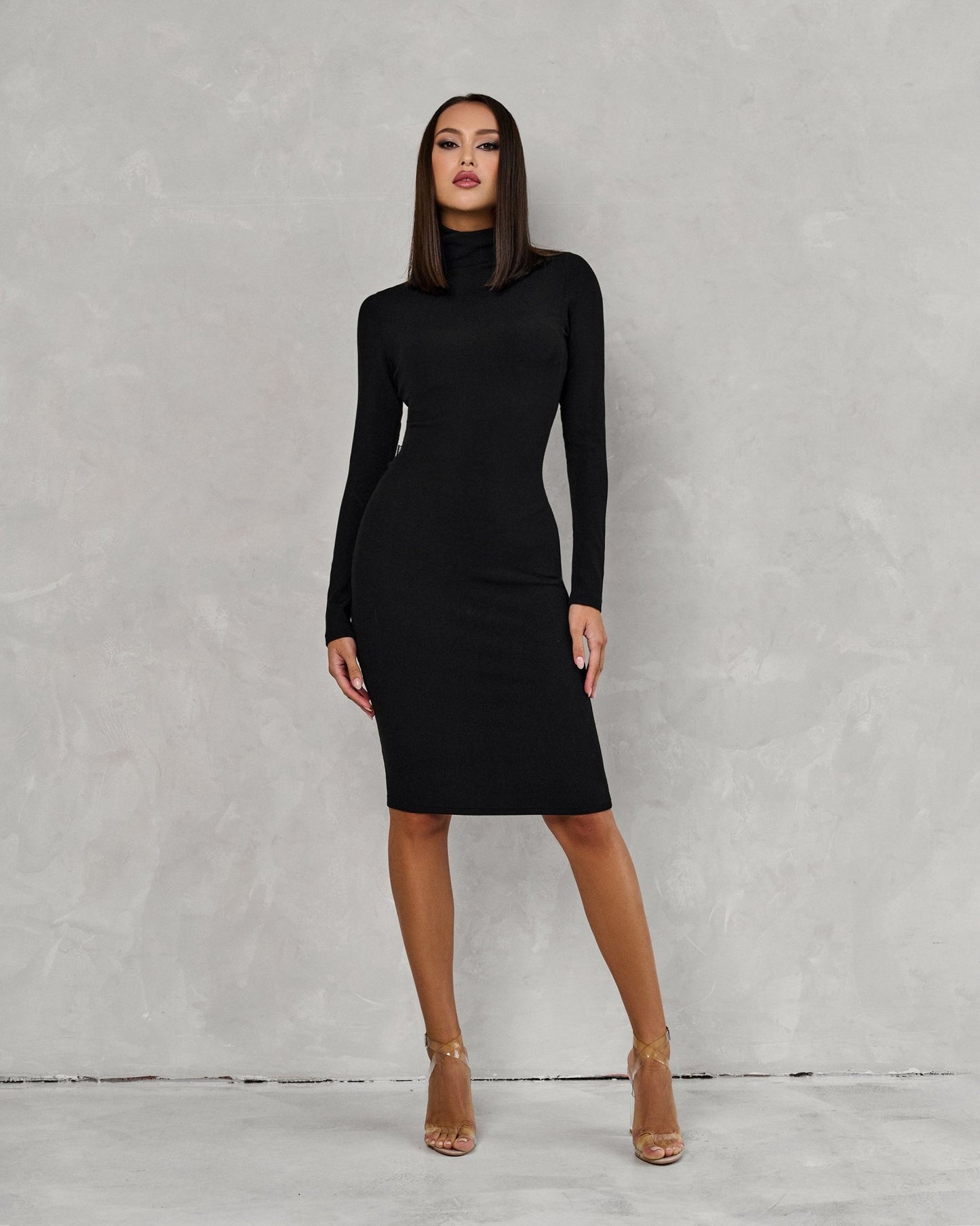 Polo Neck Dress Black Rib - Bona Fide