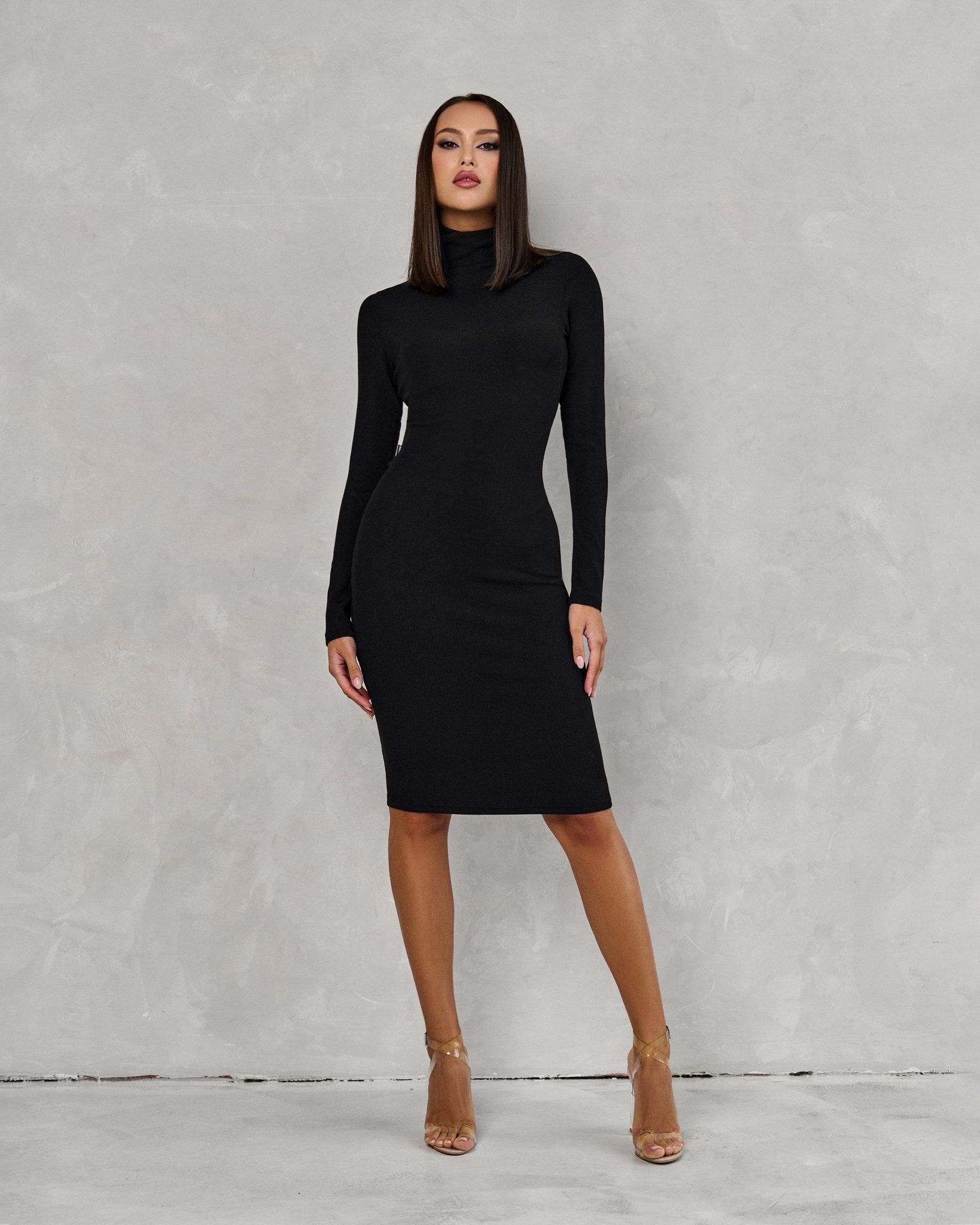 Polo Neck Dress Black Rib - Bona Fide